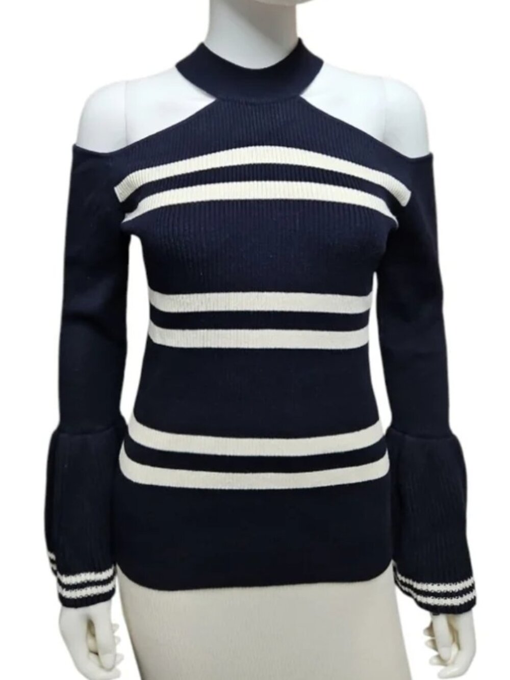 SELF-PORTRAIT | Cold Shoulder Striped Ruffle Sweater in Size Medium